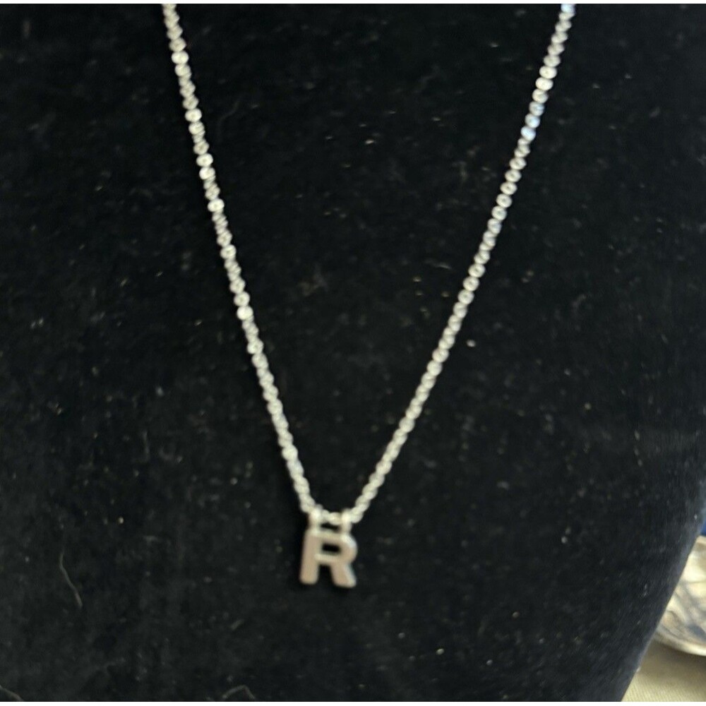 Silver Tone Initial R Pendant Necklace 24 Inch Chain Personalized Letter Pendant